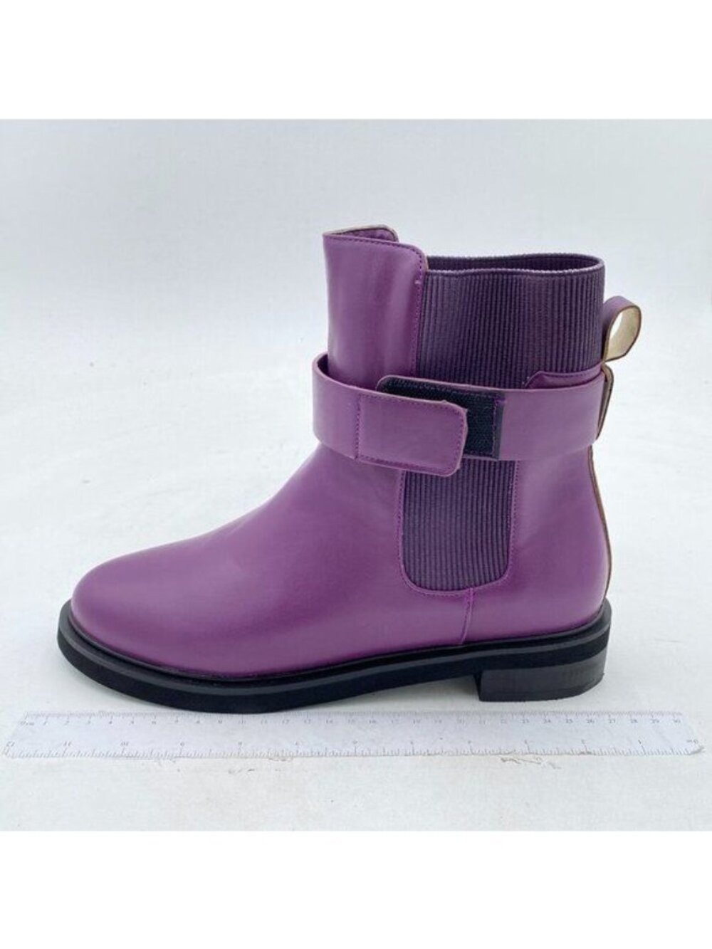 Purple Closed Toe Waterproof Chelsea Ankle Boots Chunky Low Heels Shoes